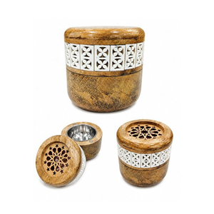 Round Shape Wooden <b>Incense</b> Burner <b>Box</b> Featuring Blue Mosaic Floral Print Band And Openwork Geometric Lattice Carved Lid - Product Image 3