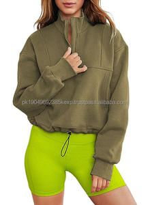 Sweat à capuche en coton molletonné à demi-zip avec cordon de serrage à l'ourlet, tendance printemps-automne - Product Image 4