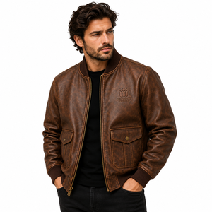 Blouson aviateur pour homme en cuir d'agneau 100% véritable |   Blouson vintage marron à fermeture éclair, col montant, logo embossé, poches utilitaires, style moto - Product Image 3