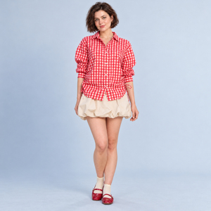 Chemise boutonnée à carreaux rouges pour femmes, coupe ample, manches trois quarts, chemisier décontracté - Product Image 1