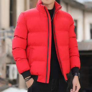 Men's Winter Puffer Jacket Stand Collar Zipper Closure Solid Color Thick Polyester Wadding Casual Style Patch Design Left Sleeve - Product Image 6