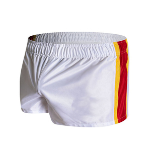 Shorts de sport pour homme en polyester blanc à séchage rapide avec bande latérale rouge et jaune, taille élastique, longueur mi-cuisse, décontractés - Product Image 5