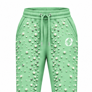 Custom Mint Green Pearl Beaded Jogger Pants <b>Women</b> Luxury Embellished Drawstring Sweatpants Casual Streetwear Fleece <b>Trousers</b> - Product Image 3