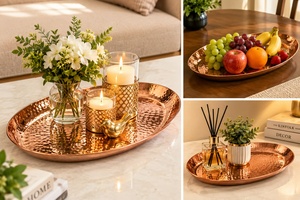 Handcrafted Copper Round Tray Rustic Decorative Tabletop Accent Single-Piece Package for Home Hotel Restaurant Décor - Product Image 3