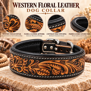 Collar de cuero repujado botánico para perro, estilo occidental, con banda acolchada floral |   Collar canino cosido a mano con hebilla ajustable - Product Image 5