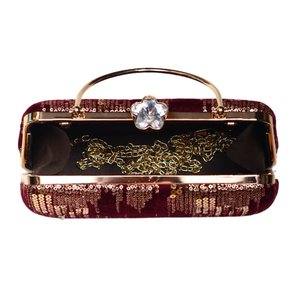 Golden <b>Sequins</b> Maroon Embroidery Clutch Elegant Floral <b>Handbag</b> for Wedding and Party Occasions - Product Image 3
