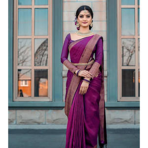 ROPA BODA BANARASI SEDA SAREE CON BLUSA DESCOSTADA MORADO - Product Image 1