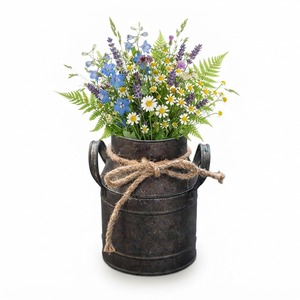 Rustic Dark Metal Flower Pitcher Vase Vintage Rustic Galvanized <b>Jug</b> Table Centerpiece Decor with Jute Bow and <b>White</b> Blooms - Product Image 1