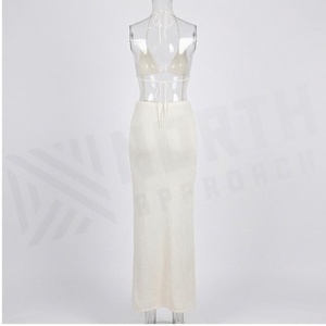 Women Knitted Halter Swimdress With 3D Flower Embroidery And Lace Up Detail Solid Color Stretchy <b>Skirt</b> Style - Product Image 2