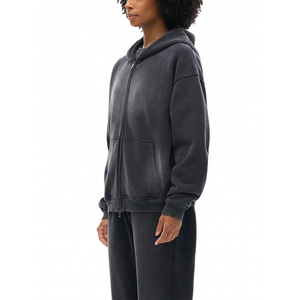 Sweat-shirts à capuche zippés pour hommes de qualité supérieure, personnalisés avec logo brodé, en tissu épais délavé à l'acide, impression personnalisée - Product Image 3