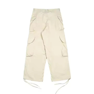 Pantalones Cargo Acampanados de Lona Beige, Cintura Media, Cierre de Cremallera, Lavado Primaveral, Suaves, Ajuste Holgado, Multibolsillos, Transpirables, Estilo Casual, Pierna Ancha - Product Image 2