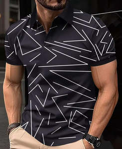 Polo à manches courtes pour homme, imprimé géométrique blanc, décontracté, respirant, en tissu popeline, coupe classique, impression numérique, vente en gros - Product Image 4