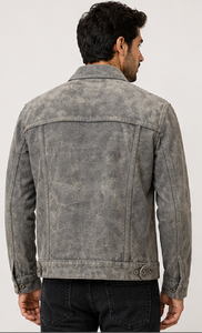 Men's <b>Suede</b> Leather <b>Jacket</b> Grey Trucker <b>Jacket</b> Button Front Casual Stylish Premium Outerwear Wholesale Windproof Heated - Product Image 3