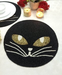 Round Beaded Embroidery Placemat Artistic Handmade Table <b>Mat</b> <b>Cat</b> Face Design for Wedding Home Dining - Product Image 1