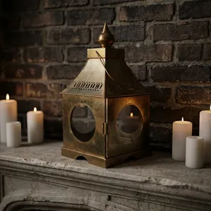 ARTISAN DESIGN Square <b>Brass</b> <b>Lantern</b> with Glass Panels Durable Home Decoration Candle Holder - Product Image 2