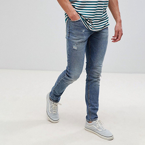 Jeans en denim pour homme, coupe slim, en spandex/coton. Détail boutonné à motif uni vieilli. Prêt pour le week-end. Fournisseur de denim. - Product Image 3