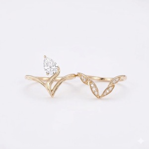 Bague de fiançailles en or rose massif 18 carats avec diamant de laboratoire motif feuille et alliance assortie, bague en diamant motif tulipe - Product Image 4