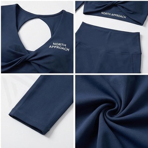 Ensemble de yoga 2 pièces North Approach, fermeture éclair intégrale sur le devant, noir uni, tissu respirant, vêtements de sport pour femmes - Product Image 4