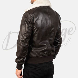 Blouson aviateur en cuir marron foncé pour homme de qualité supérieure avec col en fausse fourrure blanche, veste de pilote classique, vêtement d'extérieur chaud pour l'hiver - Product Image 2