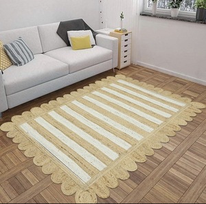 Handmade Natural Jute Striped <b>Rug</b> with Scalloped Border Eco-Friendly <b>Boho</b> Area Carpet Medium Pile Jute Backing - Product Image 1
