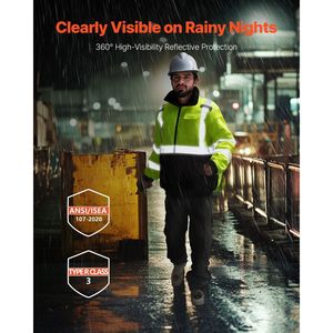 High Visibility <b>Reflective</b> Safety <b>Jacket</b> for <b>Men</b> Women Waterproof Winter Hoodie Work Construction Coat Pockets for Rainy Days - Product Image 3