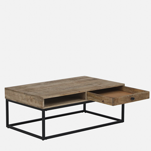 Table basse industrielle moderne en métal et bois massif en bois de manguier, finition naturelle et noire, avec tiroirs de rangement, table de salon - Product Image 4