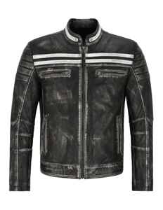 Veste en cuir pour homme, noire, style motard, effet usé, col rabattu, fermeture éclair, rayures blanches - Product Image 4