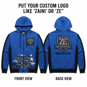 Sudadera con Capucha de Felpa de Algodón y Poliéster de Primera Calidad, 320 GSM, Diseño con Paneles Azul y Negro, Parche Frontal Bordado Personalizado para Hombre - Product Image 1