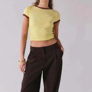 Wholesale Women Full Sleeve Ribbed Cotton Spandex Heavyweight 120g Streetwear Solid Breathable Quick Dry Summer Regular T Shirts - Product Image 5