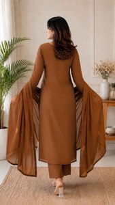 Brown Cotton Embroidered Ankle-Length <b>Kurta</b> Set <b>Women</b> Traditional Loose Fit India Pakistan Style Casual Wear - Product Image 4