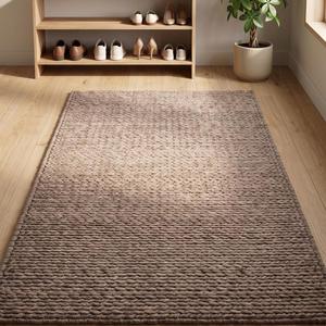 Tapis moderne en laine tissé à la main, à boucles, antidérapant, design texturé, style rustique neutre pour salon et chambre - Product Image 1