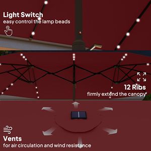 Ombrellone da Giardino Bifacciale da 4,3m con Luci Solari a LED, Base in Poliestere Rosso Vino per Cortile, Raggio di 3m - Product Image 5