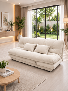 โซฟาเบดสีเบจทันสมัย โซฟาผ้า Smile พร้อมเบาะนุ่มแบบ Tufted และขาสีดำ รวมหมอนอิง เหมาะสำหรับอพาร์ทเมนต์ โรงแรม และห้องนั่งเล่น - Product Image 4