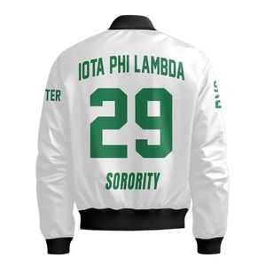 Chaqueta Universitaria Personalizada para Mujer Iota Phi Lambda, Blanca, con Escudo Griego en la Parte Delantera y Trasera, Número del Año, Cierre de Cremallera, Estilo Bomber - Product Image 6