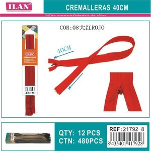 Cerniera Ilan 40 cm colore rosso per cucito e artigianato - Product Image 3