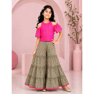 Girls' <b>Sequin</b> Embellished Short Sleeve Knee-Length Sharara Set Pink Grey Printed Summer Woven Polyester Ethnic Party Wear - Product Image 1