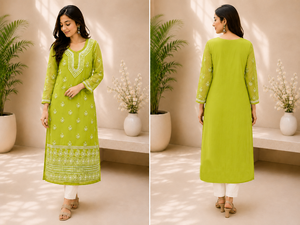 Realza tu estilo diario con esta elegante kurta recta bordada en verde lima. Compra directamente del proveedor. - Product Image 4