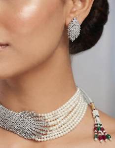 AD Stone Pearl Rose Gold Plated Brass Multi Strand Choker Necklace Earrings Romantic <b>Indian</b> Wedding Jewelry Set Statement Party - Product Image 6