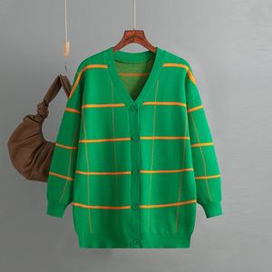 Custom Plaid Knit <b>Cardigan</b> <b>Sweater</b> for Women V Neck Button Front Long Sleeve Striped Checkered <b>Cardigan</b>, Wholesale OEM ODM - Product Image 2