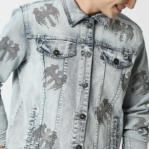 OEM <b>Custom</b> Eco-Friendly Reversible Men's Light Blue <b>Denim</b> <b>Jacket</b> With Print Pattern Casual Spring Wear Street Style Men's <b>Jacket</b> - Product Image 4