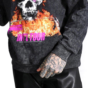 Meilleur produit 2026 pour la vente en gros : Sweat à capuche pour hommes, coupe oversize, vintage, délavé foncé, avec motif tête de mort et impression en relief flamme tour. - Product Image 5