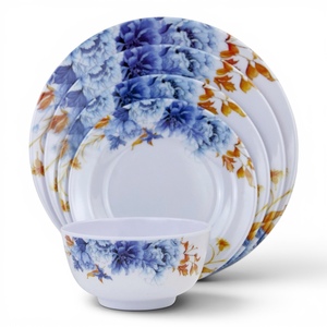Juego de Vajilla de Melamina Floral, 4 Platos Planos Duraderos, 1 Tazón para Arroz, Diseño Moderno Zen Asiático, Apto para Alimentos, No Tóxico, Apto para Lavavajillas - Product Image 1