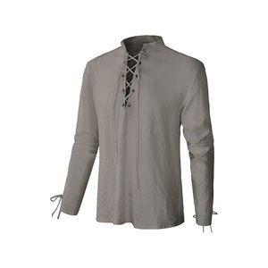 Men's Gray Cotton Casual <b>Shirt</b> Mandarin Collar Full Sleeve Lace-Up Solid Color Breathable Autumn Top - Product Image 1