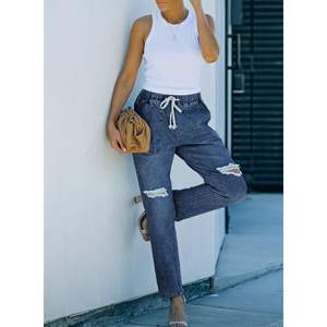 2025 femmes taille haute déchiré Denim Joggers bleu Cargo pantalon avec Pull élastique cordon taille évasé Style taille 12 - Product Image 6