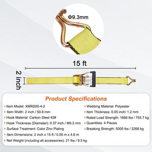 Set di 4 Cinghie a Cricchetto con Gancio a J Doppio, Resistenza 5000 lb, 5 cm x 4,5 m, Imbottite, Certificate TUV - Product Image 5