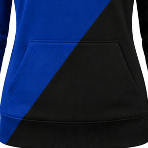 Sudadera con capucha para mujer, personalizada, azul real y negra, con diseño de 2 paneles cruzados, media cremallera, bloques de color, manga larga, estilo casual y de moda para hermandades - Product Image 5