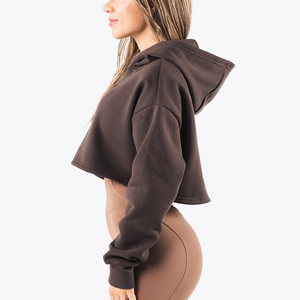 Unique Style Women Gym Running Cropped Pullover Hoodies Solid Color Breathable Oversized <b>Drop</b>-Shoulder Winter Hooded Sweatshirt - Product Image 4