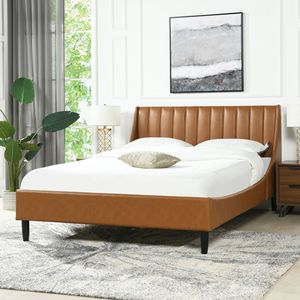 Juego de Cama Queen Aspen con Plataforma, Cabecera Moderna Acolchada Verticalmente en Cuero Sintético Color Caramelo Marrón, Camas Tapizadas - Product Image 2