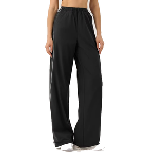 Pantalon large bleu marine taille haute avec bande latérale et cordon de serrage, longueur intégrale, en Spandex et Polyester respirant, pour femme, vêtement de sport - Product Image 2