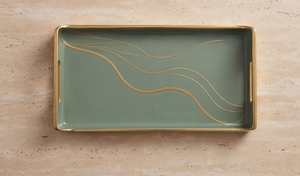 Plateau de service rectangulaire en métal émaillé vert sauge nordique avec accents ondulés dorés et poignées découpées, idéal pour table basse ou ottoman - Product Image 3